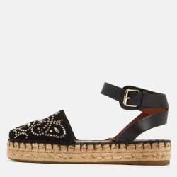 Valentino Black Embellished Suede and Leather Ankle Wrap Espadrille Sandals Size 39