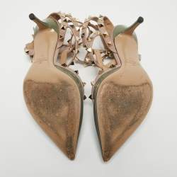 Pre Owned Valentino Green/Beige Patent and Leather Rockstud Cage Pumps Size 37