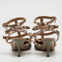 Pre Owned Valentino Green/Beige Patent and Leather Rockstud Cage Pumps Size 37