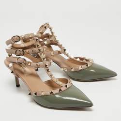 Pre Owned Valentino Green/Beige Patent and Leather Rockstud Cage Pumps Size 37