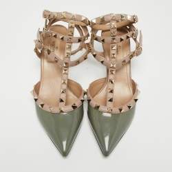 Pre Owned Valentino Green/Beige Patent and Leather Rockstud Cage Pumps Size 37