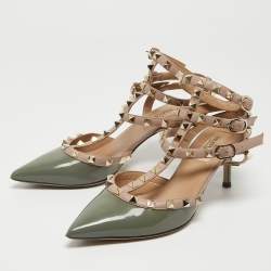 Pre Owned Valentino Green/Beige Patent and Leather Rockstud Cage Pumps Size 37