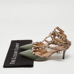 Pre Owned Valentino Green/Beige Patent and Leather Rockstud Cage Pumps Size 37