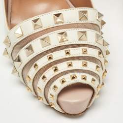 Pre Owned Valentino White Leather and Mesh Rockstud Peep Toe Platform Pumps Size 37