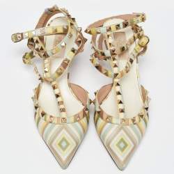 Pre Owned Valentino Multicolor Leather Rockstud Ankle-Strap Pumps Size 39