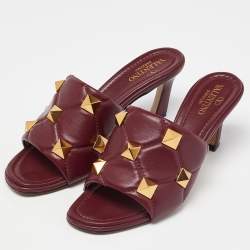 Pre Owned Valentino Red Leather Roman Stud Slide Sandals Size 37