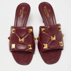 Pre Owned Valentino Red Leather Roman Stud Slide Sandals Size 37