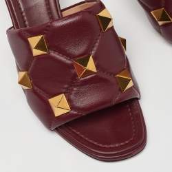 Pre Owned Valentino Red Leather Roman Stud Slide Sandals Size 37