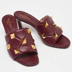 Pre Owned Valentino Red Leather Roman Stud Slide Sandals Size 37