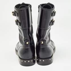 Pre Owned Valentino Black Leather Studded Accents Combat Boots Size 39.5