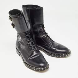 Pre Owned Valentino Black Leather Studded Accents Combat Boots Size 39.5