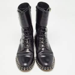 Pre Owned Valentino Black Leather Studded Accents Combat Boots Size 39.5