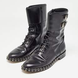 Pre Owned Valentino Black Leather Studded Accents Combat Boots Size 39.5