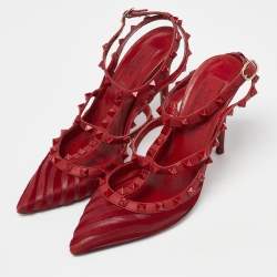 Pre Owned Valentino Red Leather and Pony Hair Rockstud Strappy Pumps Size 38.5