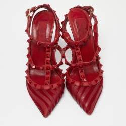 Pre Owned Valentino Red Leather and Pony Hair Rockstud Strappy Pumps Size 38.5