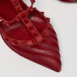 Pre Owned Valentino Red Leather and Pony Hair Rockstud Strappy Pumps Size 38.5
