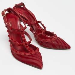 Pre Owned Valentino Red Leather and Pony Hair Rockstud Strappy Pumps Size 38.5