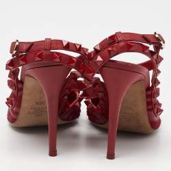 Pre Owned Valentino Red Leather and Pony Hair Rockstud Strappy Pumps Size 38.5