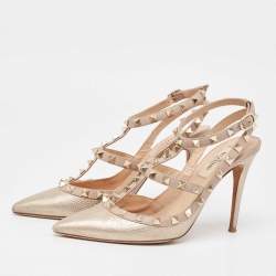 Valentino Metallic/Beige Leather Rockstud Pumps Size 37.5