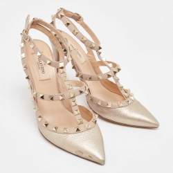 Valentino Metallic/Beige Leather Rockstud Pumps Size 37.5