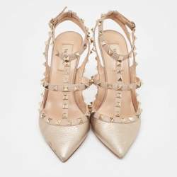 Valentino Metallic/Beige Leather Rockstud Pumps Size 37.5