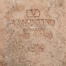 Pre Owned Valentino Pink Satin and Leather Rockstud Ankle Strap Ballet Flats Size 39.5