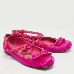 Pre Owned Valentino Pink Satin and Leather Rockstud Ankle Strap Ballet Flats Size 39.5