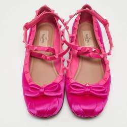 Pre Owned Valentino Pink Satin and Leather Rockstud Ankle Strap Ballet Flats Size 39.5