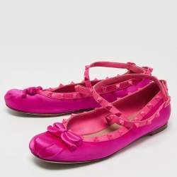 Pre Owned Valentino Pink Satin and Leather Rockstud Ankle Strap Ballet Flats Size 39.5