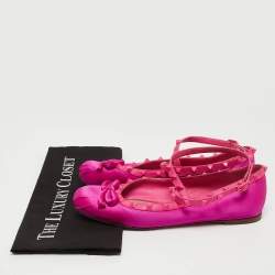 Pre Owned Valentino Pink Satin and Leather Rockstud Ankle Strap Ballet Flats Size 39.5