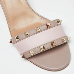 Pre Owned Valentino Two Tone Pink Leather Rockstud Block Heel Slides Size 40