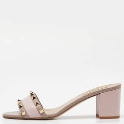 Pre Owned Valentino Two Tone Pink Leather Rockstud Block Heel Slides Size 40