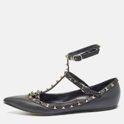 Pre Owned Valentino Black Leather Rockstud Ankle Strap Flats Size 40.5