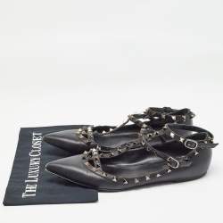 Pre Owned Valentino Black Leather Rockstud Ankle Strap Flats Size 40.5