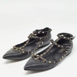 Pre Owned Valentino Black Leather Rockstud Ankle Strap Flats Size 40.5