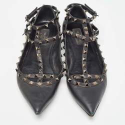 Pre Owned Valentino Black Leather Rockstud Ankle Strap Flats Size 40.5