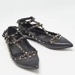 Pre Owned Valentino Black Leather Rockstud Ankle Strap Flats Size 40.5