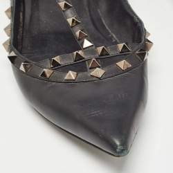 Pre Owned Valentino Black Leather Rockstud Ankle Strap Flats Size 40.5