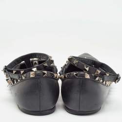 Pre Owned Valentino Black Leather Rockstud Ankle Strap Flats Size 40.5
