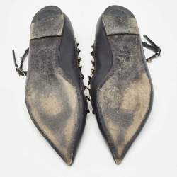 Pre Owned Valentino Black Leather Rockstud Ankle Strap Flats Size 40.5