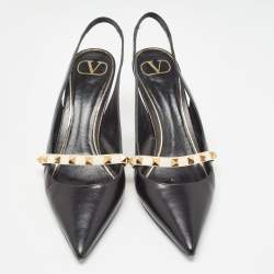 Pre Owned Valentino Black Leather Rockstud Slingback Pumps Size 40.5