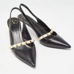 Pre Owned Valentino Black Leather Rockstud Slingback Pumps Size 40.5
