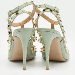 Pre Owned Valentino Mint Green Leather Rockstud Ankle Strap Pumps Size 38