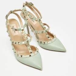 Pre Owned Valentino Mint Green Leather Rockstud Ankle Strap Pumps Size 38