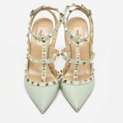 Pre Owned Valentino Mint Green Leather Rockstud Ankle Strap Pumps Size 38