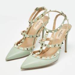 Pre Owned Valentino Mint Green Leather Rockstud Ankle Strap Pumps Size 38