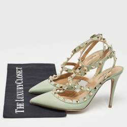 Pre Owned Valentino Mint Green Leather Rockstud Ankle Strap Pumps Size 38