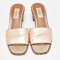 Valentino Metallic Rose Leather Rockstud Slides Size 35