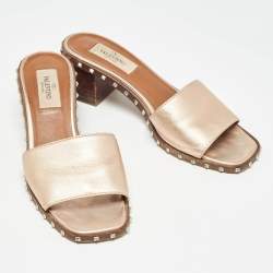 Valentino Metallic Rose Leather Rockstud Slides Size 35