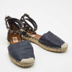 Valentino Navy Blue Leather Rockstud Ankle Strap Espadrilles Size 35